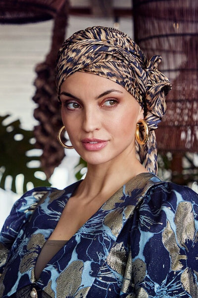 Juvela - Turbante con fascia rimovibile in poliestere/viscosa - fantasia Waves of blue 3042-4054