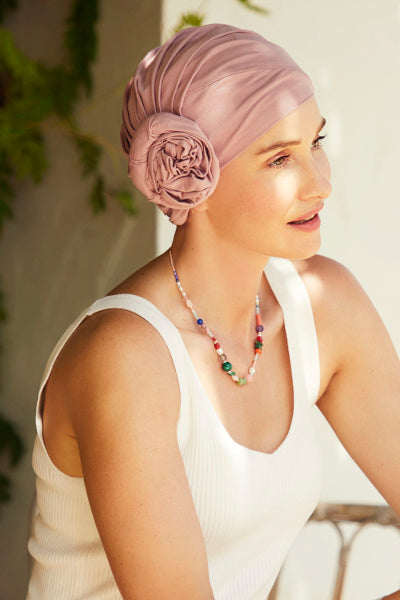 Turbante Zuri - Cuffia con fiore in cotone Supima - rosa 1484-0845